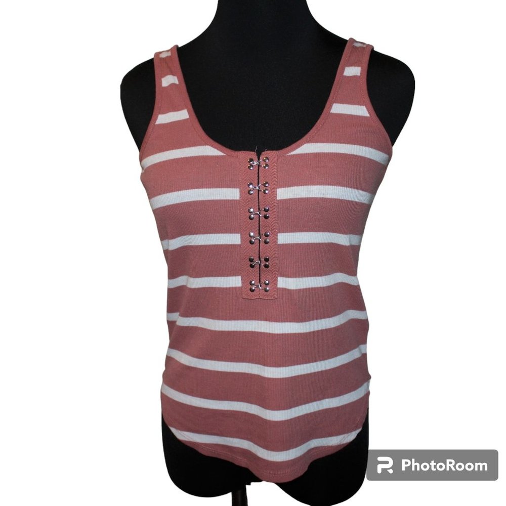 CHASER Stripe Clasp Front Ribbed Tank Top Size XS
